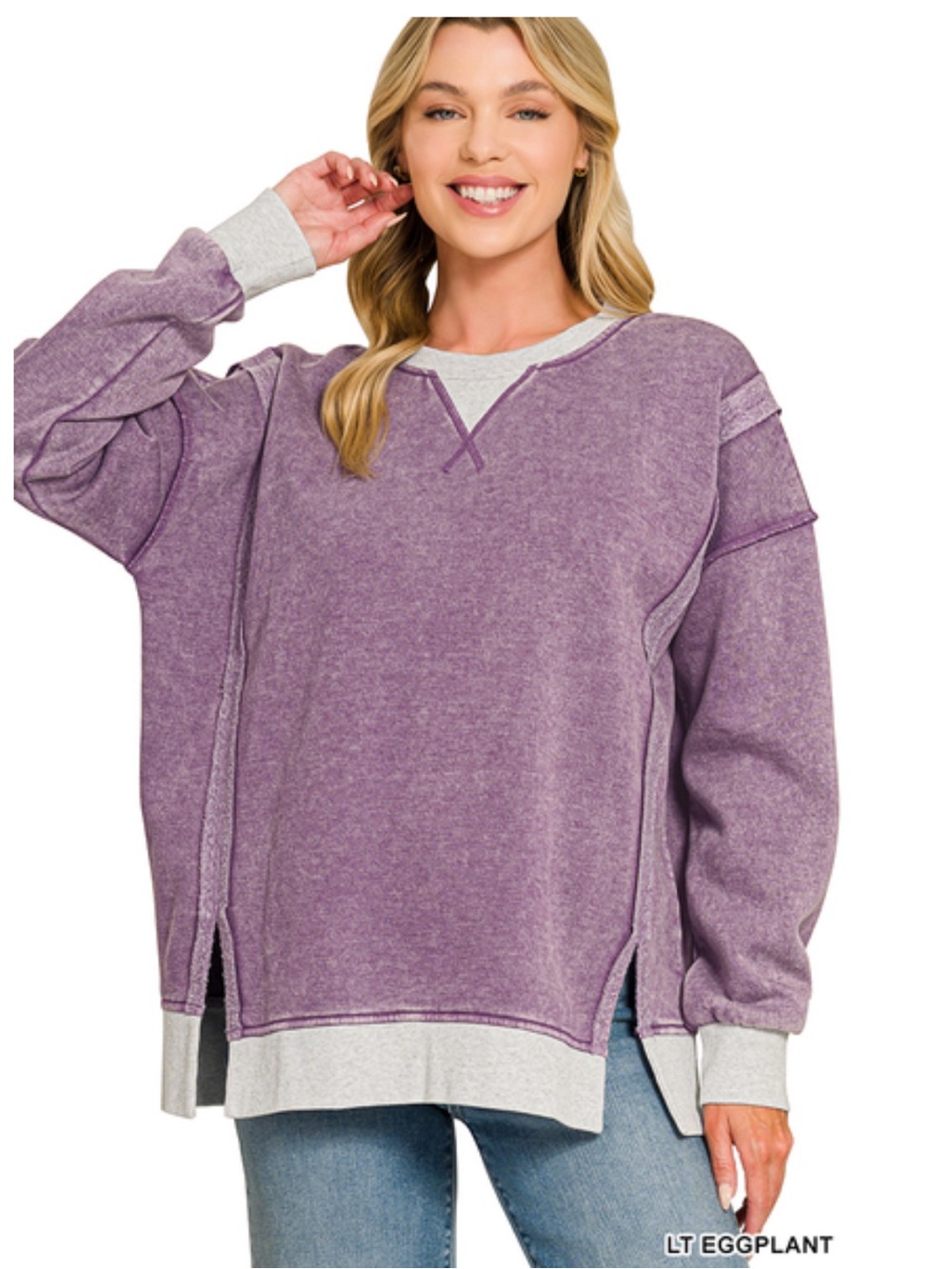 Zenana Outfitters  Eggplant Washed Pullover Sweatshirt